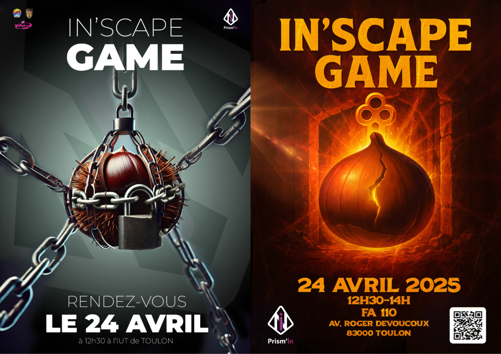 deux affiches pour un escape game avec un marron au centre